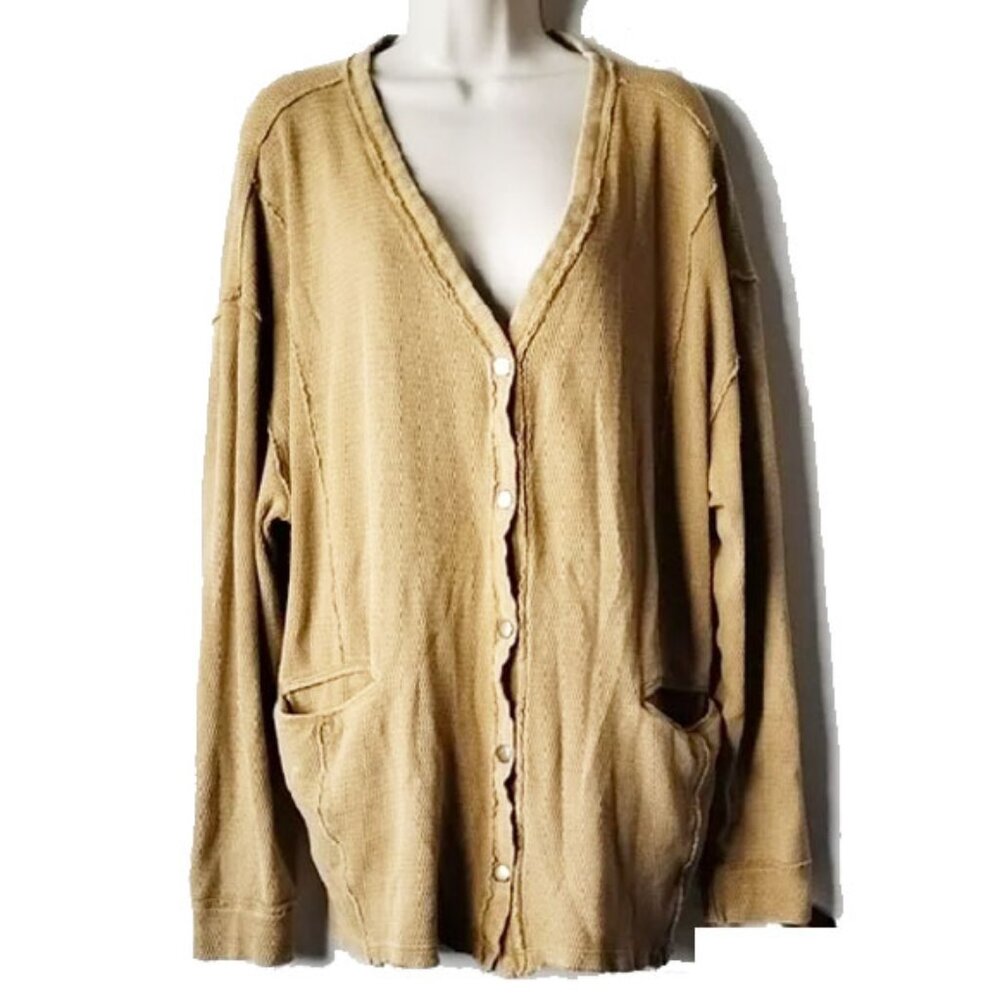We The Free Waffle Knit Oversized Cardigan M Destroyed Camel Tan